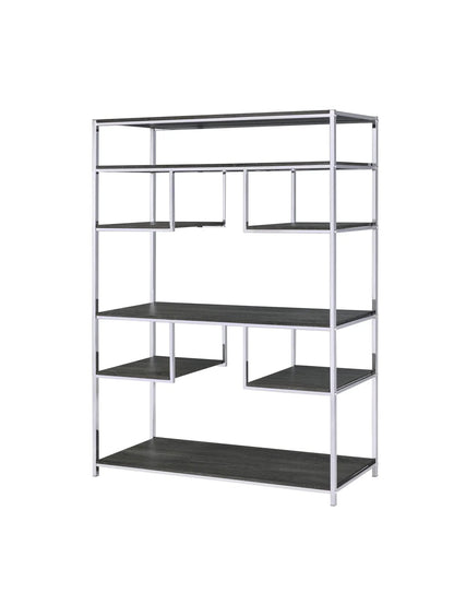 Vonara Bookshelf etagere with chrome frame and gray oak shelves on Tampa Home & Garden Store