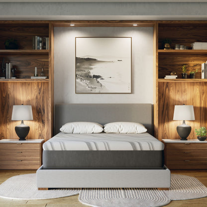 Bib Nl 12in Pro Gel Hybrid Mattress by HouseOfZazla; gray fabric on wood bedroom set on Tampa Home & Garden Store