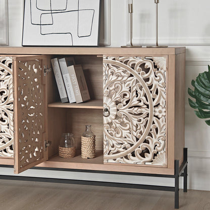 4 Door Wood Cabinet with vintage carved panels and a metal base HouseOfZazla furniture on Tampa Home & Garden Store