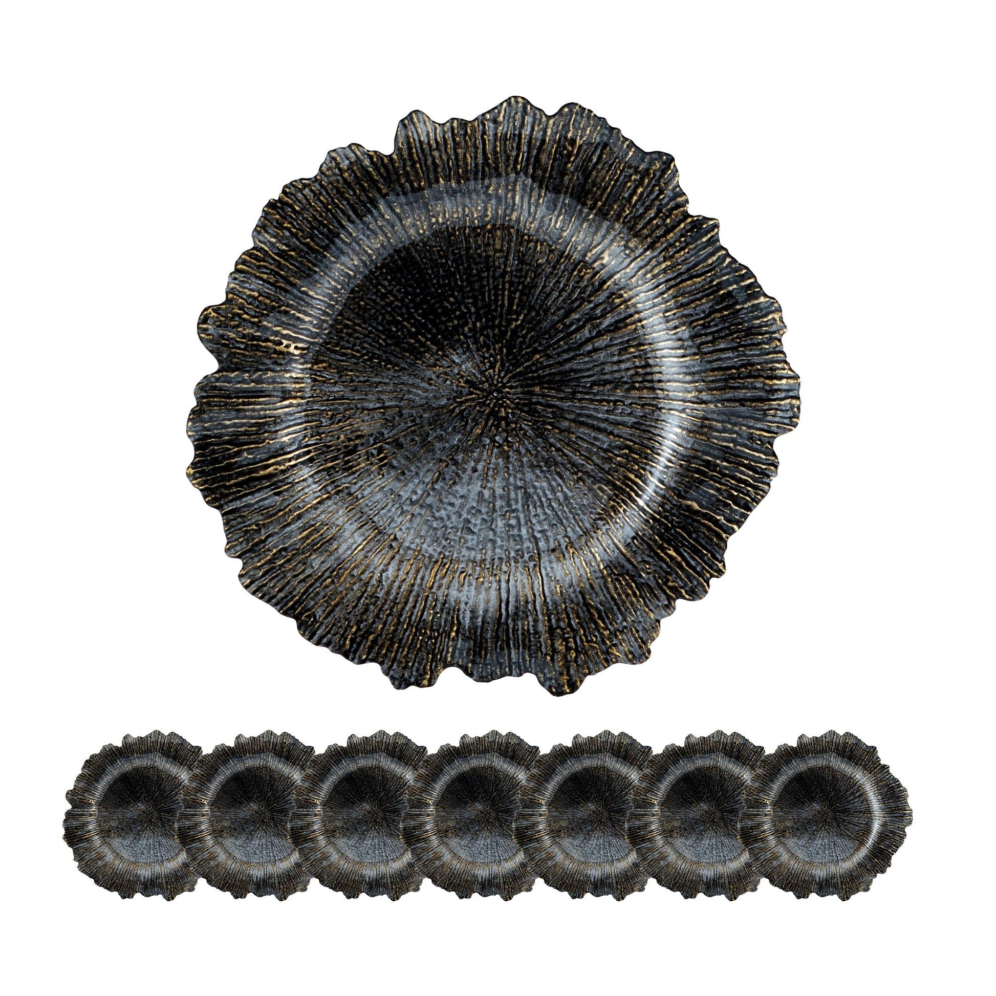Plastic charger plate set of 8 with dark metallic navy finish and scalloped gold-ridged edges on Tampa Home & Garden Store