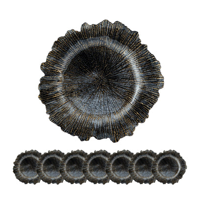 Plastic charger plate set of 8 with dark metallic navy finish and scalloped gold-ridged edges on Tampa Home & Garden Store