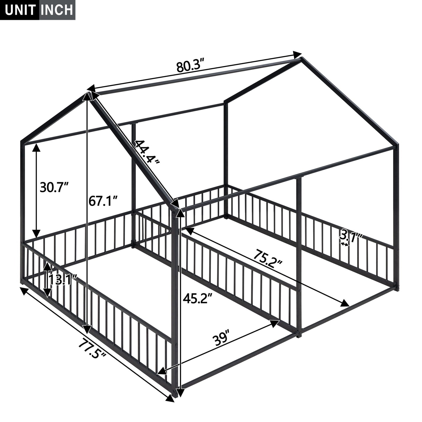 HouseOfZazla two-bed platform bed frame in black metal with guardrails on Tampa Home & Garden Store