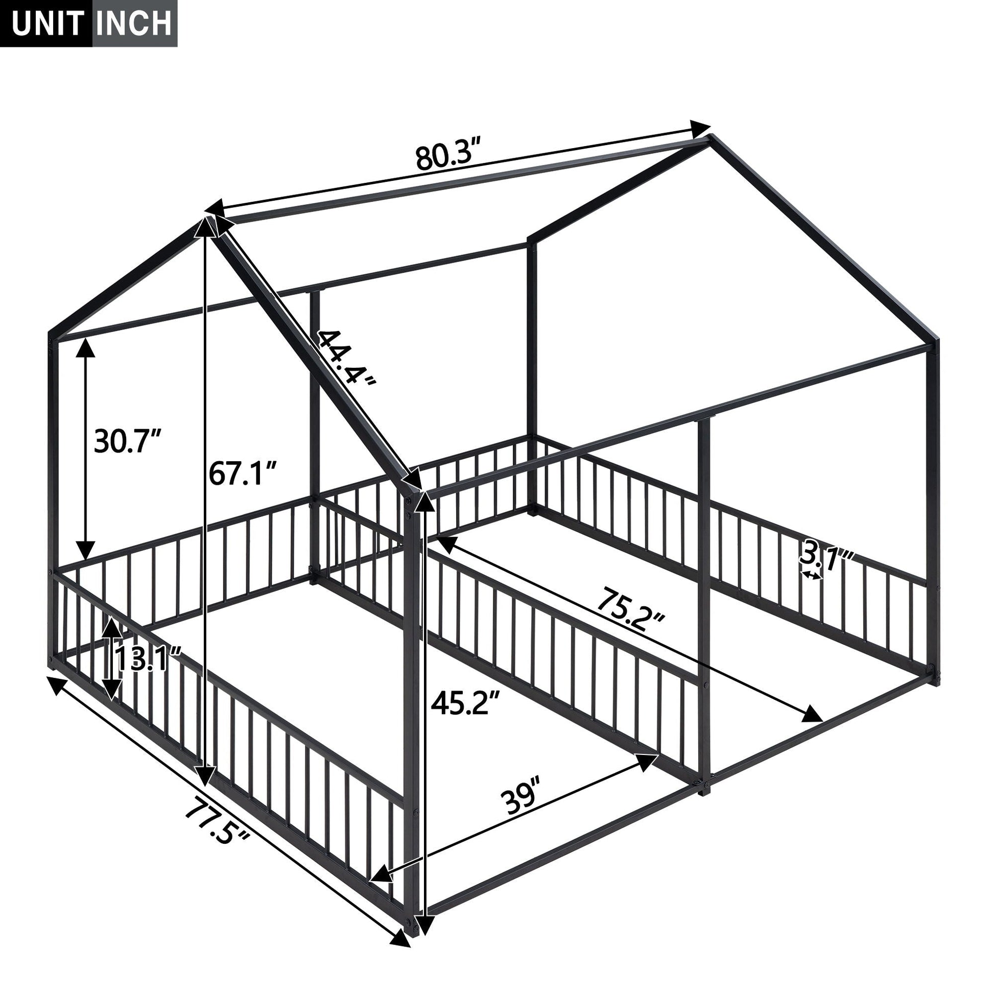 HouseOfZazla two-bed platform bed frame in black metal with guardrails on Tampa Home & Garden Store