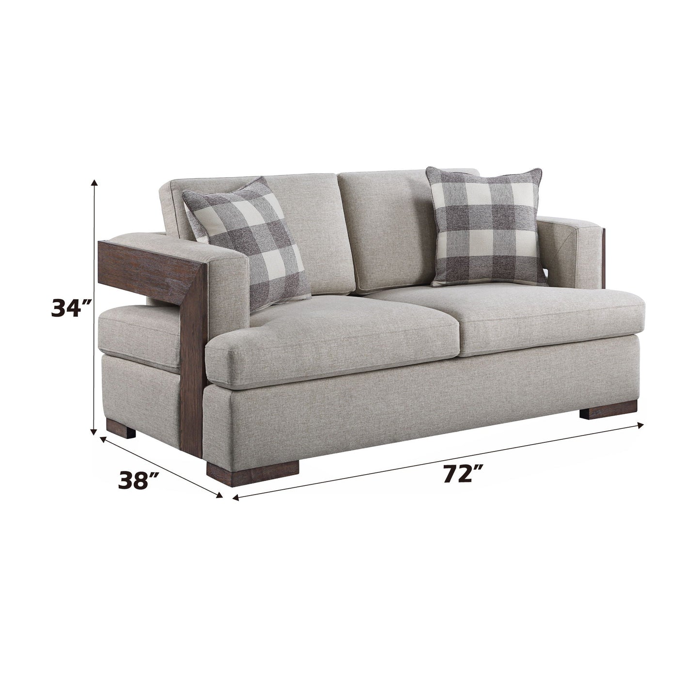 Niamey Walnut Loveseat with 2 toss pillows, beige fabric, walnut wood arms by HouseOfZazla on Tampa Home & Garden Store