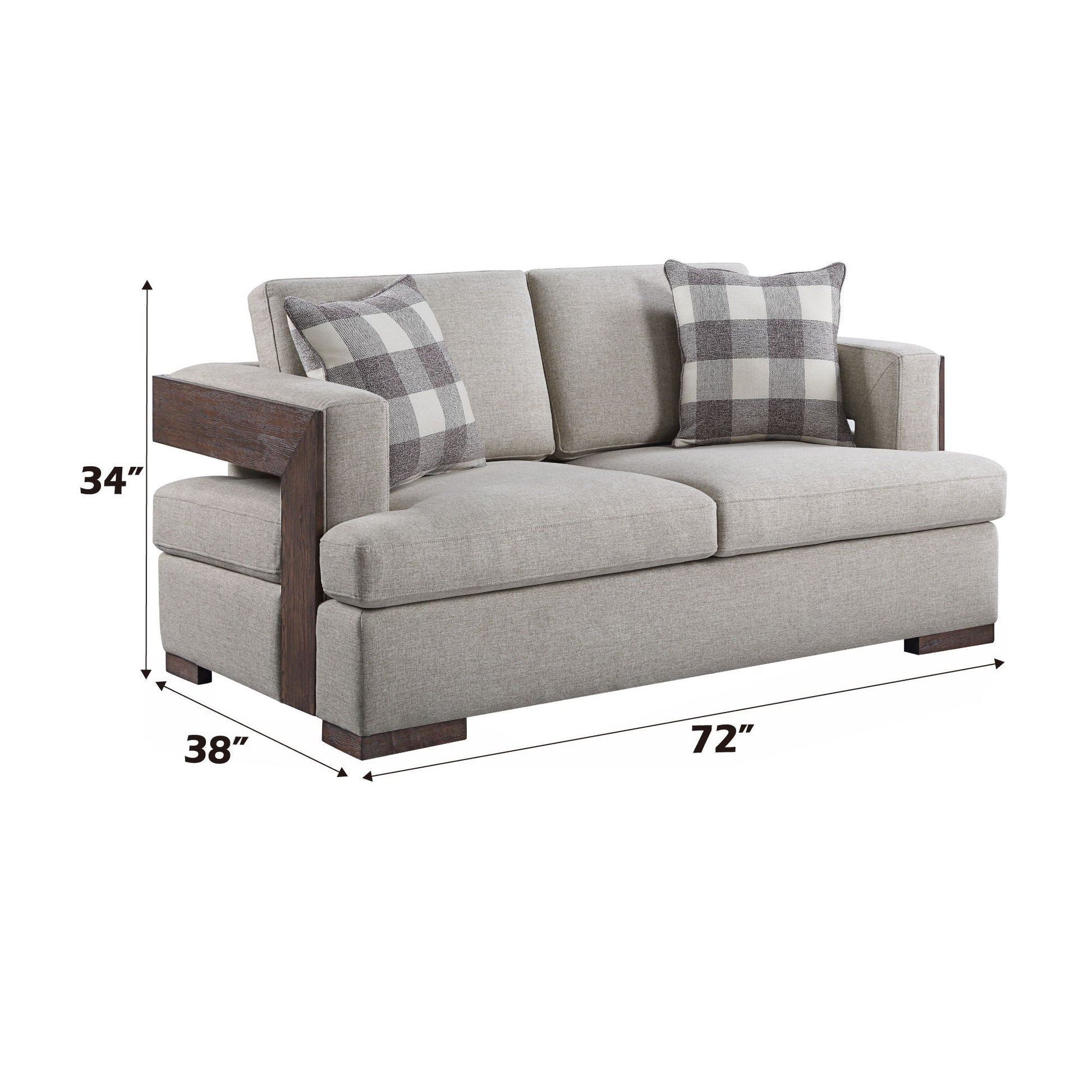 Niamey Walnut Loveseat with 2 toss pillows, beige fabric, walnut wood arms by HouseOfZazla on Tampa Home & Garden Store