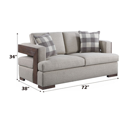 Niamey Walnut Loveseat with 2 toss pillows, beige fabric, walnut wood arms by HouseOfZazla on Tampa Home & Garden Store