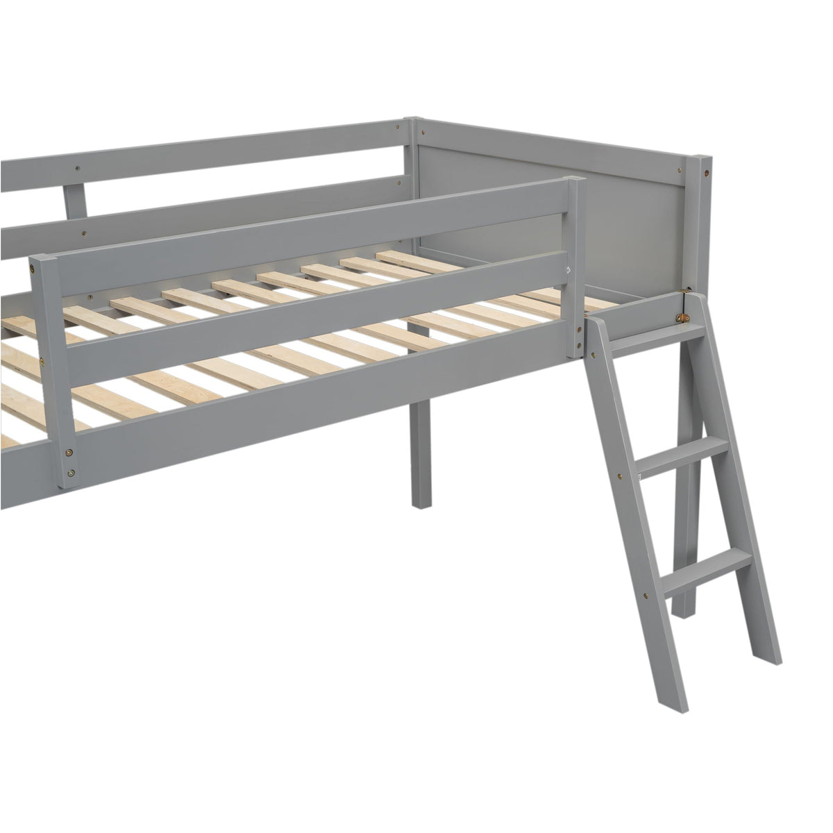 Low loft bed with adjustable ladder in grey finish, HouseOfZazla bed frame with wooden slats on Tampa Home & Garden Store