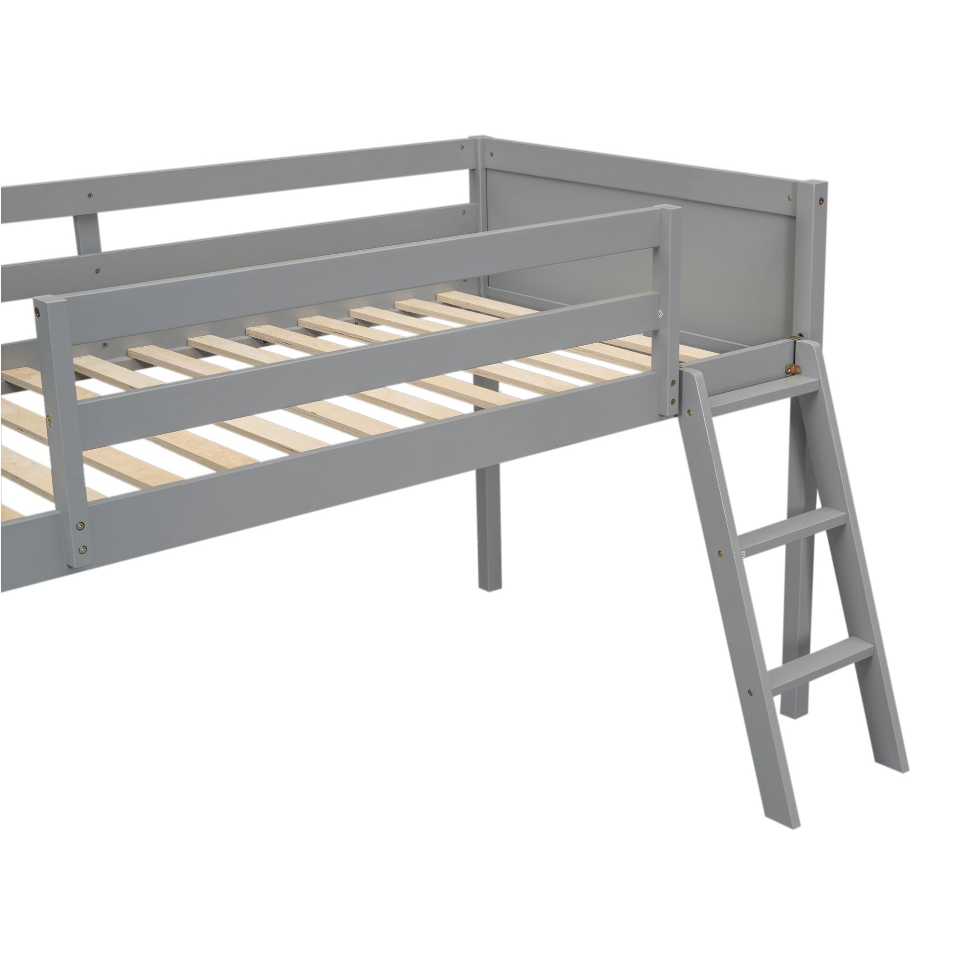 Low loft bed with adjustable ladder in grey finish, HouseOfZazla bed frame with wooden slats on Tampa Home & Garden Store