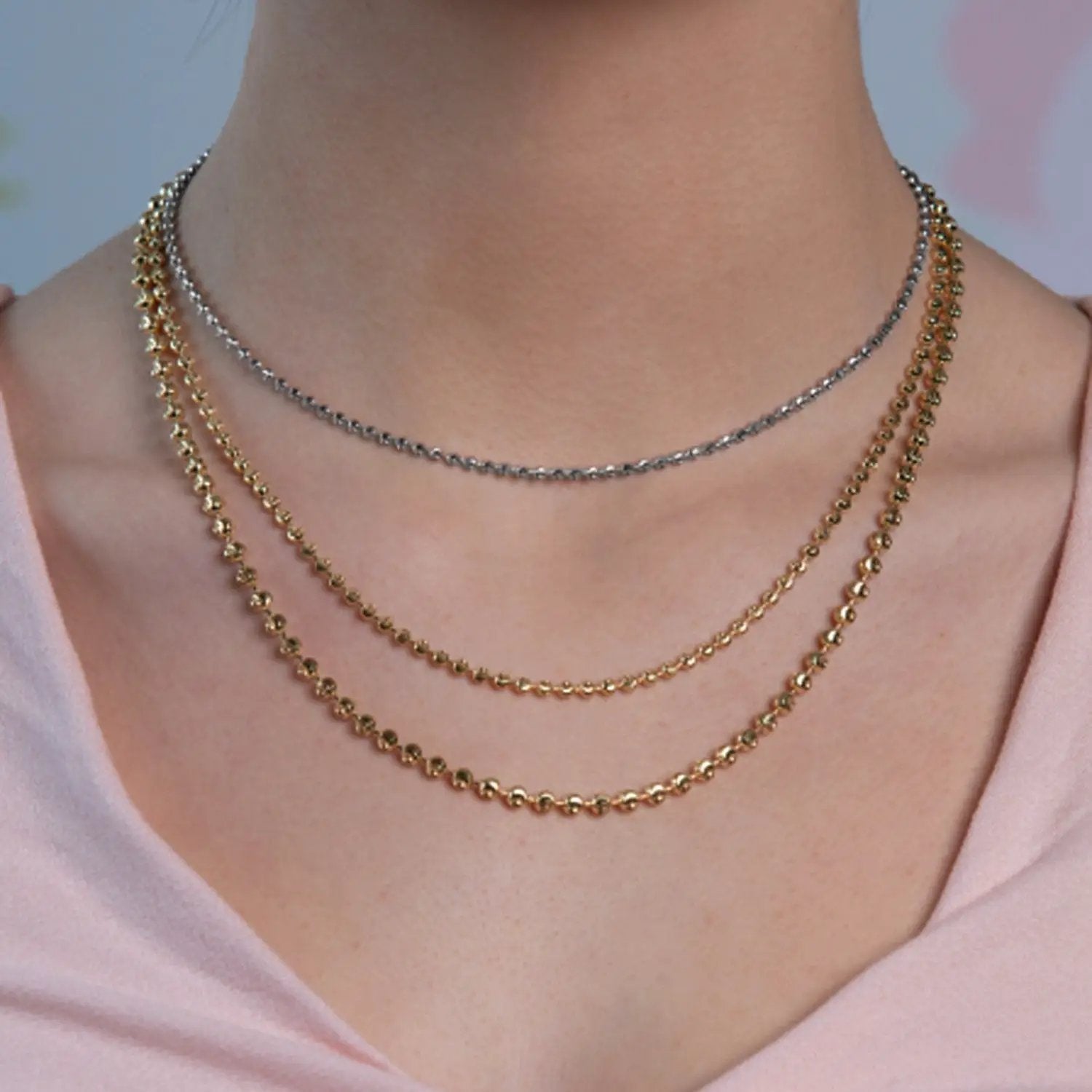 Moon Cut Bead Chain Necklace, 14k Yellow Gold, 2.50 mm, layered gold bead chains on Tampa Home & Garden Store