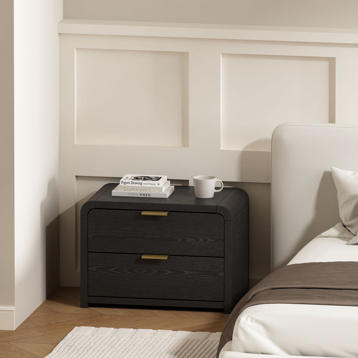 HouseOfZazla black solid wood nightstand with two-drawer storage and gold handles on Tampa Home & Garden Store