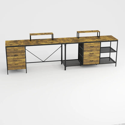 Industrial L-shaped desk with power hub, 6 drawers, adjustable monitor stands, brown wood top on Tampa Home & Garden Store