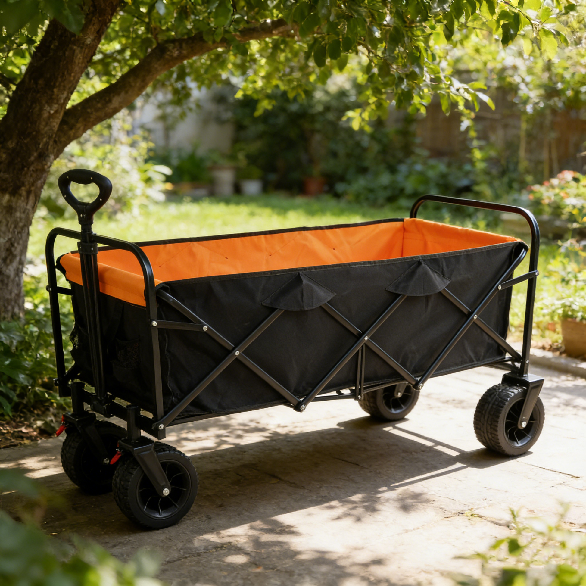 Large capacity folding wagon cart by HouseOfZazla with black frame and orange interior on Tampa Home & Garden Store