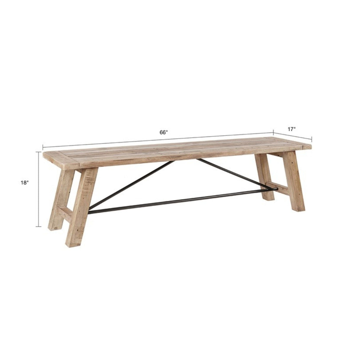 Solid wood dining bench with metal stretchers in light brown finish by HouseOfZazla on Tampa Home & Garden Store