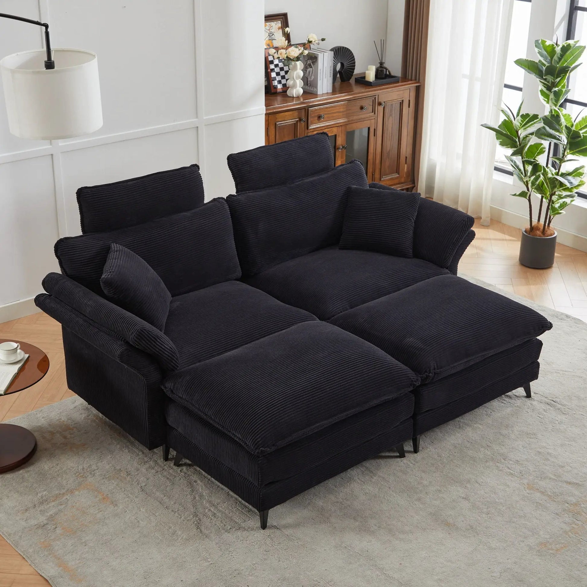Modern Deep Seat Sectional Sofa With Ottoman, 3-piece set in dark navy corduroy fabric on Tampa Home & Garden Store