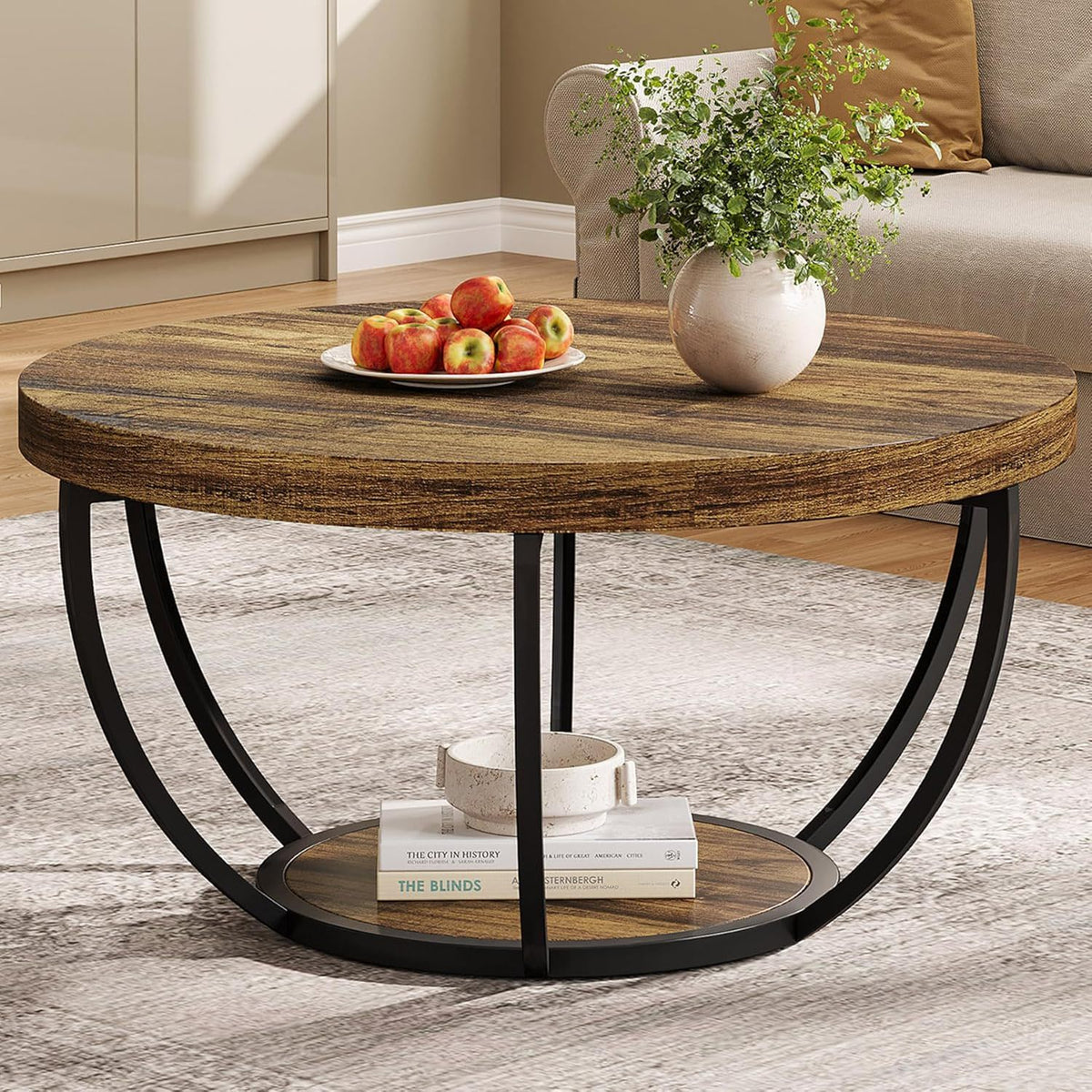2 Tier Circle Coffee Table with Storage Shelves wood finish top black curved metal legs on Tampa Home & Garden Store