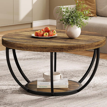 2 Tier Circle Coffee Table with Storage Shelves wood finish top black curved metal legs on Tampa Home & Garden Store