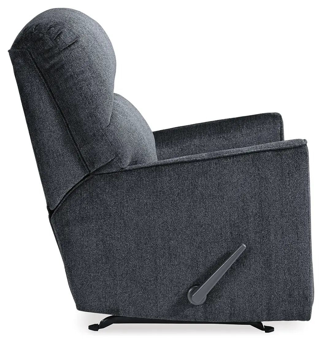 Altari Rocker Recliner by Unique Piece Furniture in dark charcoal fabric with side lever on Tampa Home & Garden Store