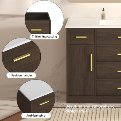 Bathroom vanity in dark walnut with soft close drawers, white countertop gold handles HouseOfZazla on Tampa Home & Garden Store