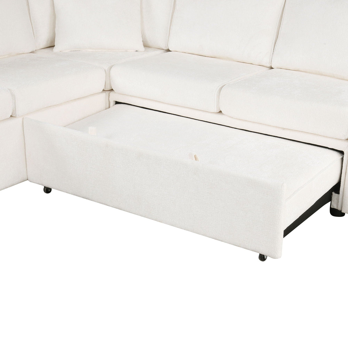 White sleeper sectional sofa with storage ottoman and three pillows on Tampa Home & Garden Store