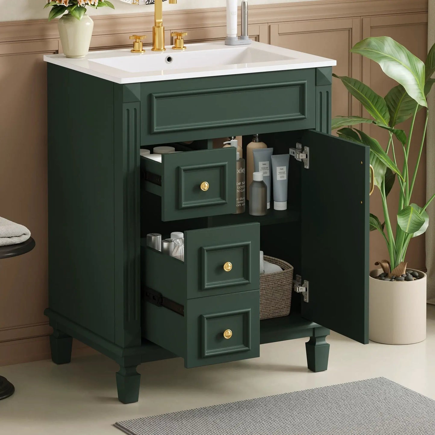 Bathroom vanity with sink, dark green cabinet, white top, 2 drawers and adjustable shelf on Tampa Home & Garden Store