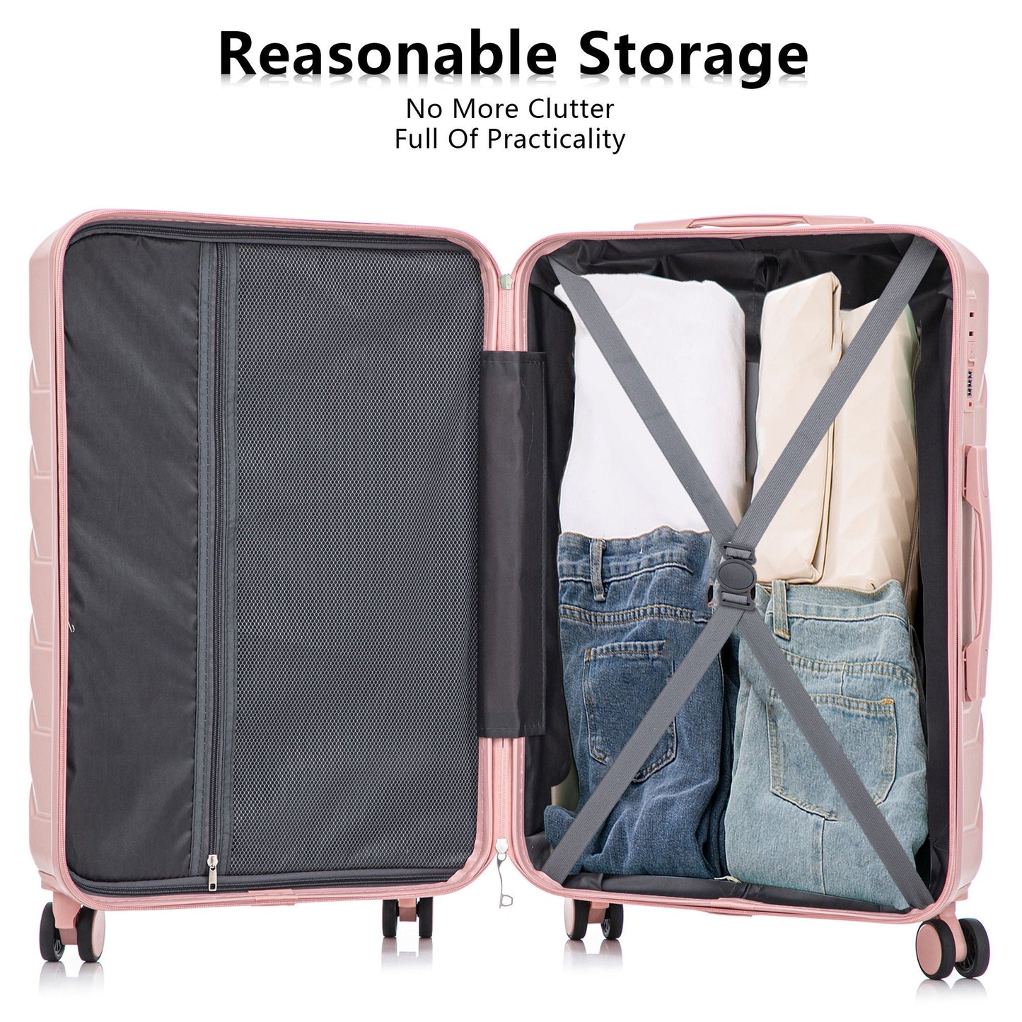 Pink spinner luggage open to reveal interior with mesh divider and strapped clothing on Tampa Home & Garden Store