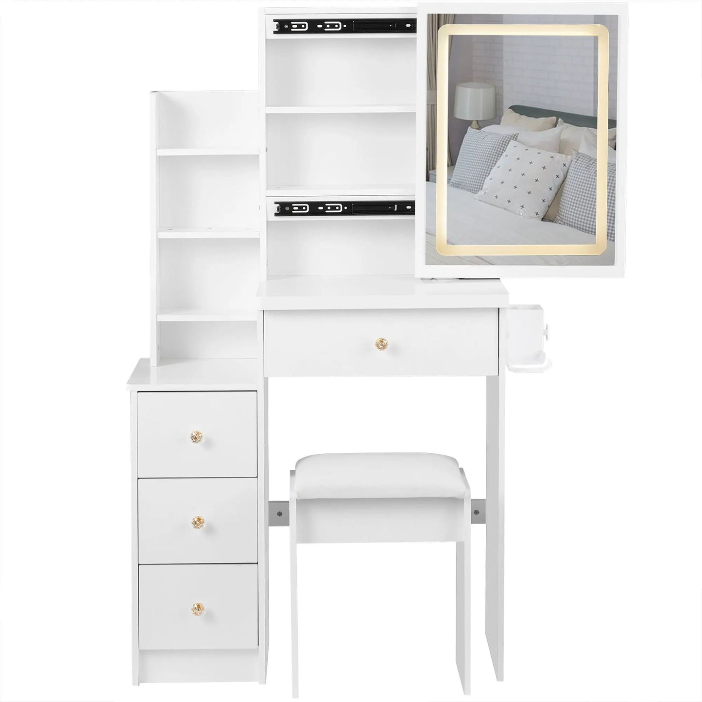 White vanity cabinet with integrated storage, cushioned stool, and LED-framed mirror on Tampa Home & Garden Store