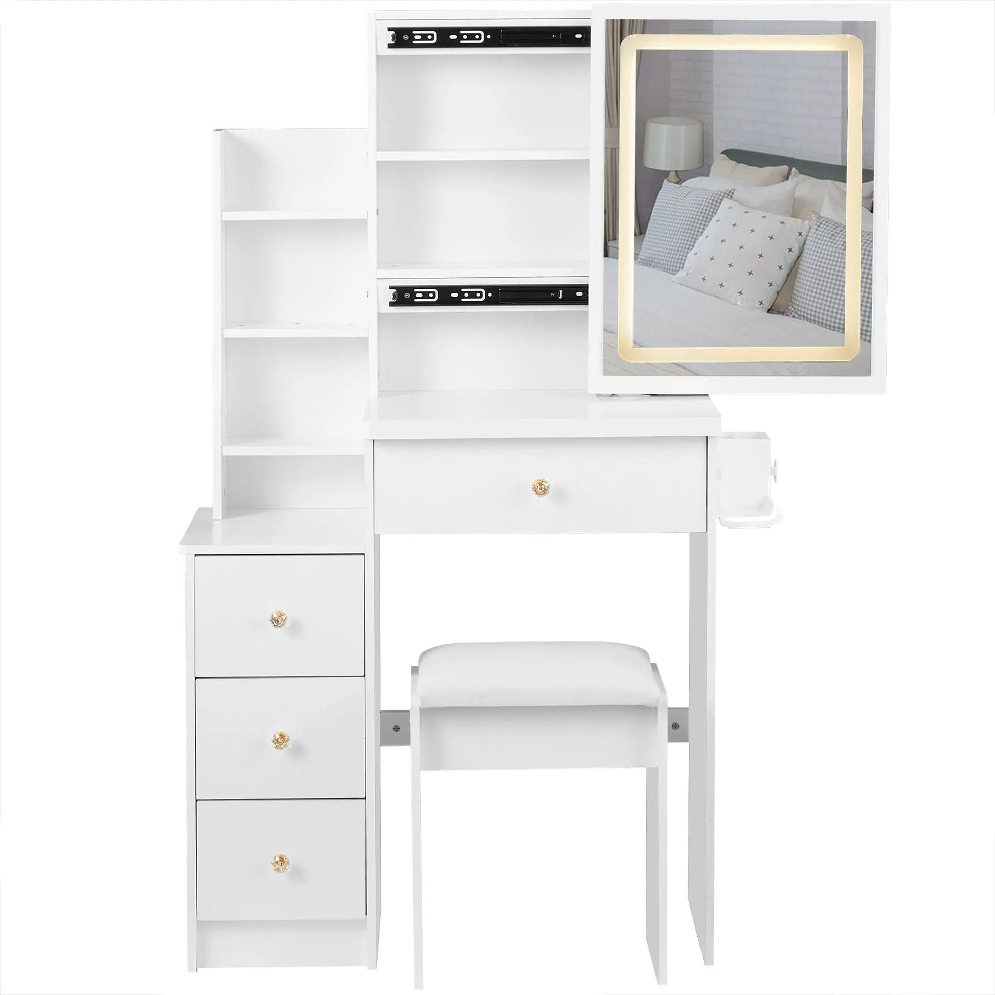 White vanity cabinet with integrated storage, cushioned stool, and LED-framed mirror on Tampa Home & Garden Store