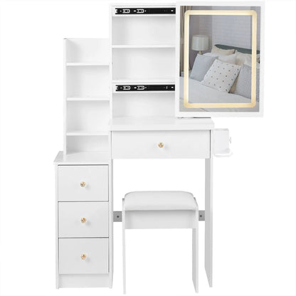 White vanity cabinet with integrated storage, cushioned stool, and LED-framed mirror on Tampa Home & Garden Store
