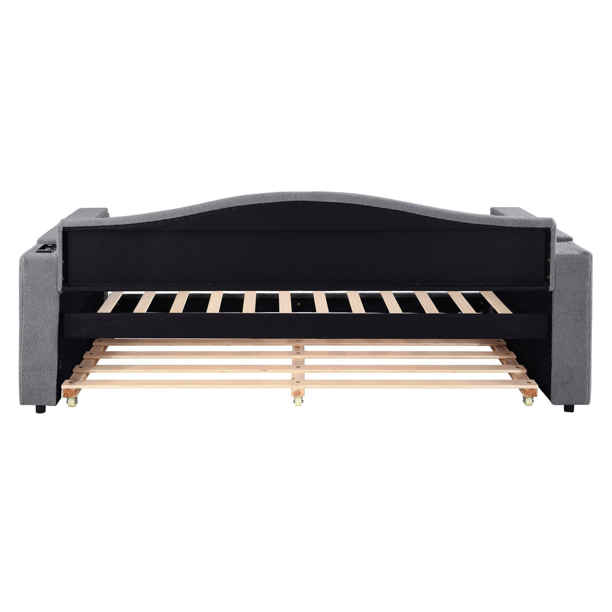 Upholstered daybed with armrests and trundle, grey fabric, wood slat base by HouseOfZazla on Tampa Home & Garden Store