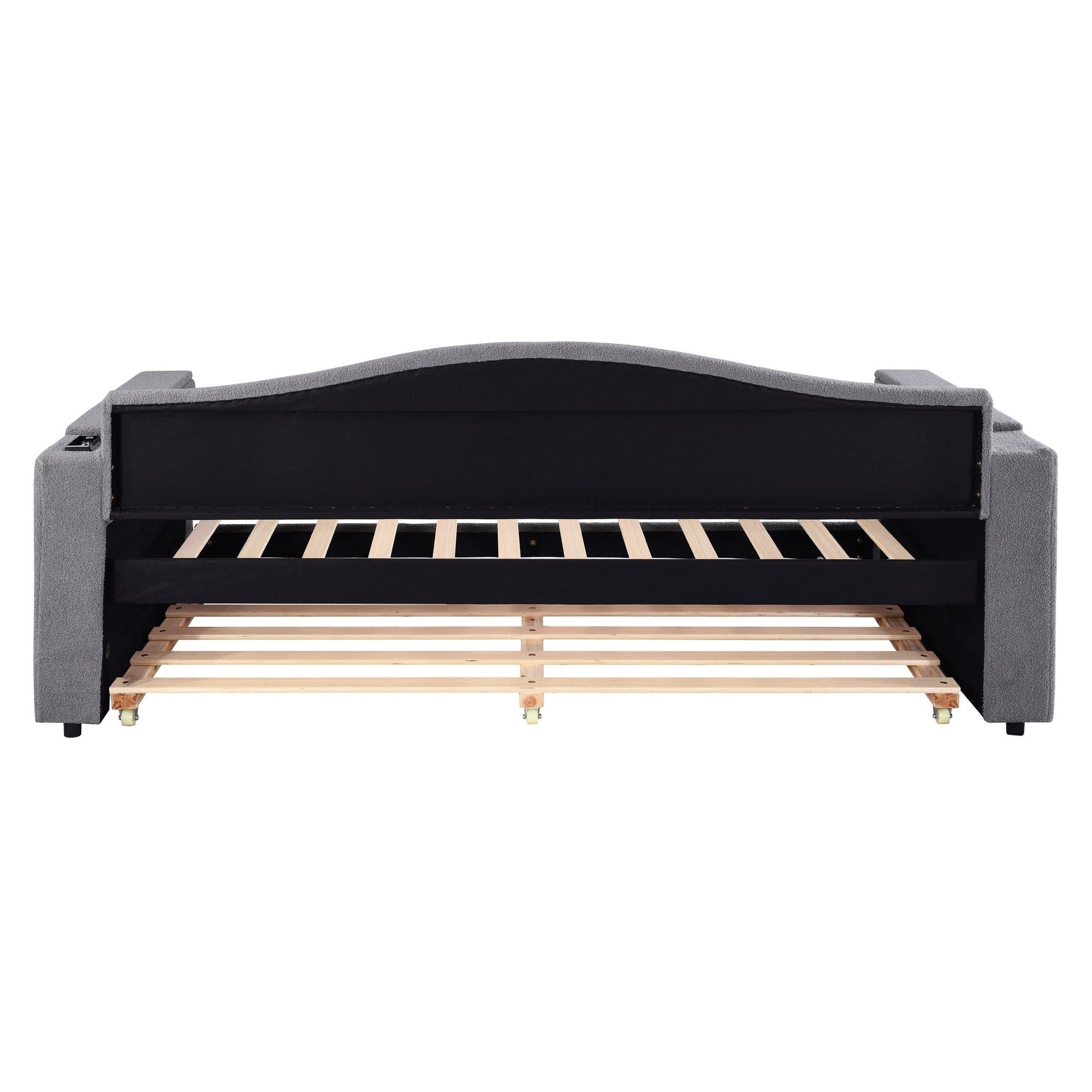 Upholstered daybed with armrests and trundle, grey fabric, wood slat base by HouseOfZazla on Tampa Home & Garden Store