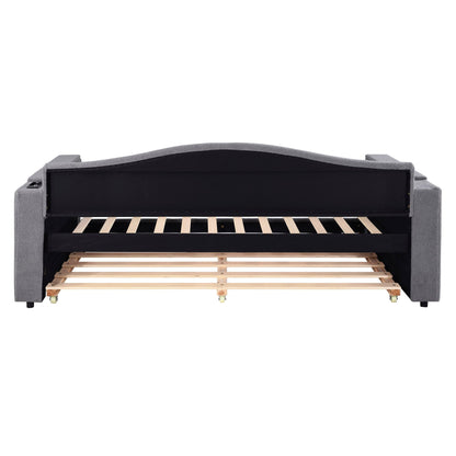 Upholstered daybed with armrests and trundle, grey fabric, wood slat base by HouseOfZazla on Tampa Home & Garden Store