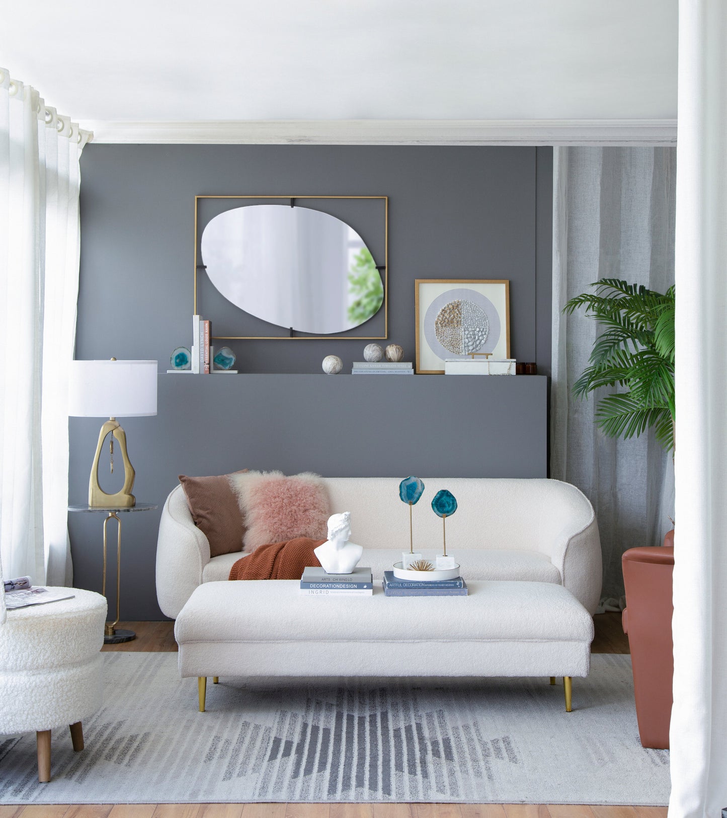 Geode-Inspired gold aluminum table lamp with sculptural hollow body and white shade on Tampa Home & Garden Store