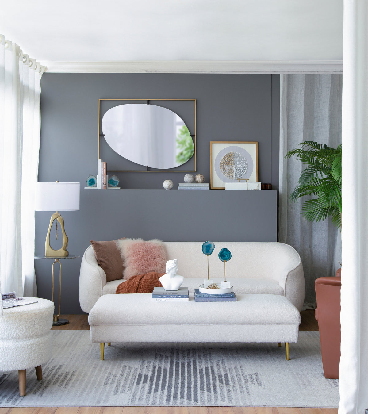 Geode-Inspired gold aluminum table lamp with sculptural hollow body and white shade on Tampa Home & Garden Store