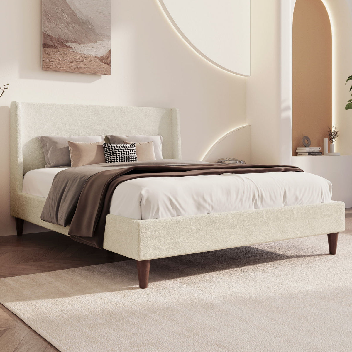 HouseOfZazla upholstered modern platform bed with beige wingback headboard and tapered legs on Tampa Home & Garden Store