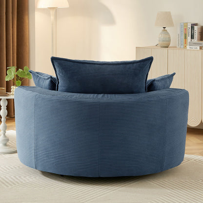 Swivel barrel chair by HouseOfZazla in navy blue with cushions, ribbed round frame on Tampa Home & Garden Store