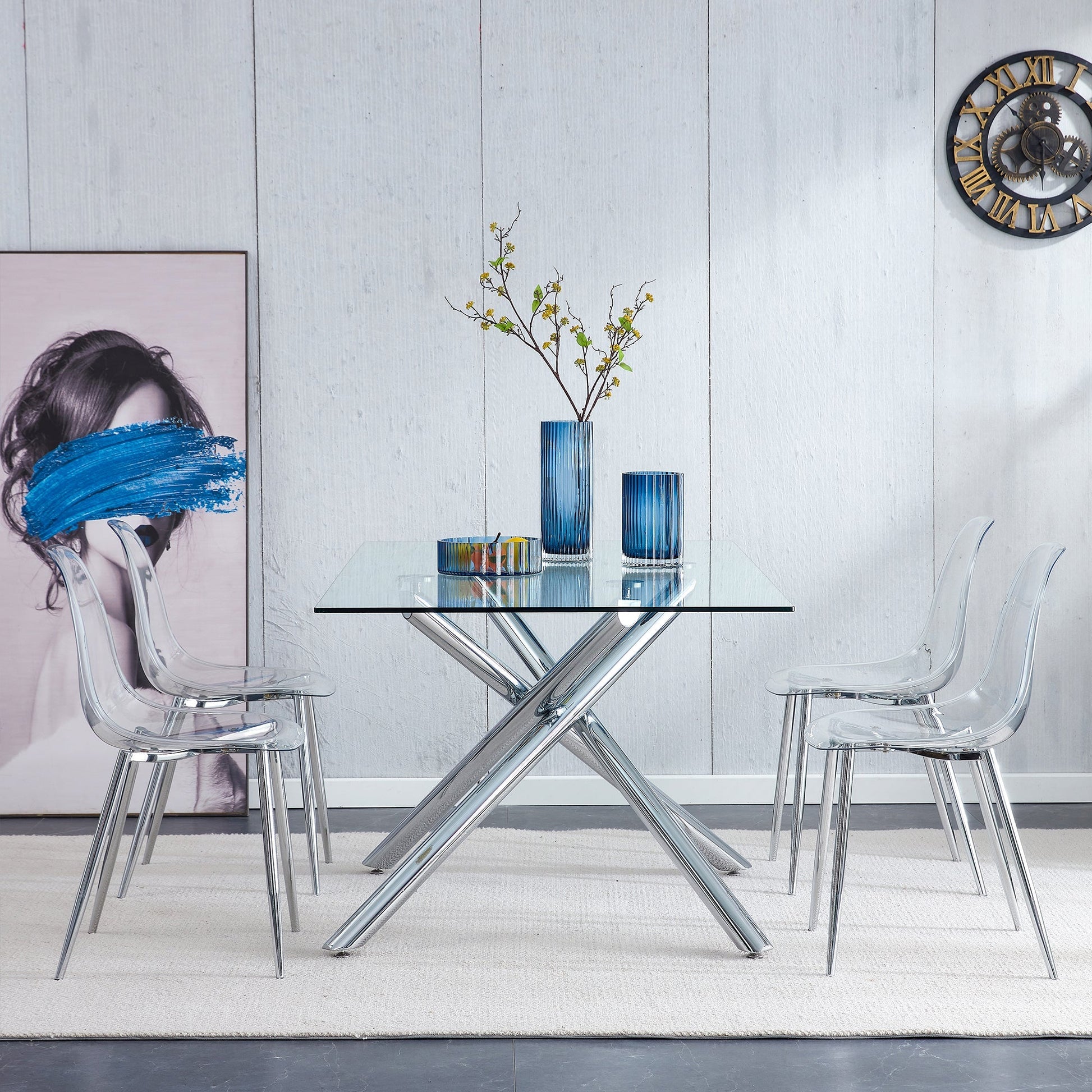 Modern minimalist transparent dining chairs, clear acrylic, set of 6 around glass table on Tampa Home & Garden Store