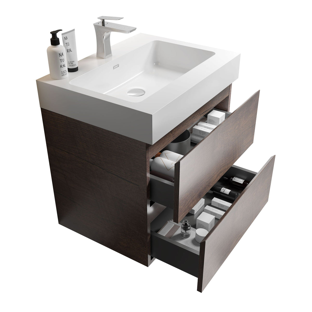 Alice wall-mounted vanity with integrated white sink and chrome faucet on dark wood base on Tampa Home & Garden Store