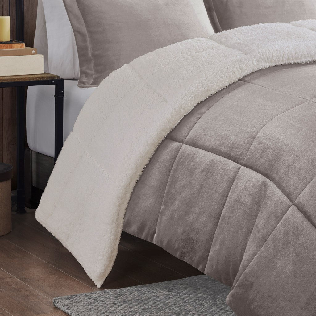 HouseOfZazla Full/Queen Plush to Sherpa Down Alternative Comforter Set in taupe with cream sherpa on Tampa Home & Garden Store