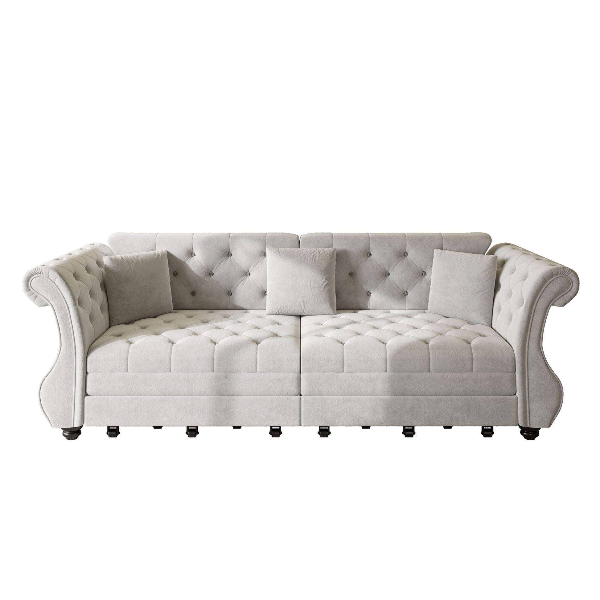 Oversized Chesterfield pull-out sofa bed in cream tufted upholstery with rolled arms on Tampa Home & Garden Store