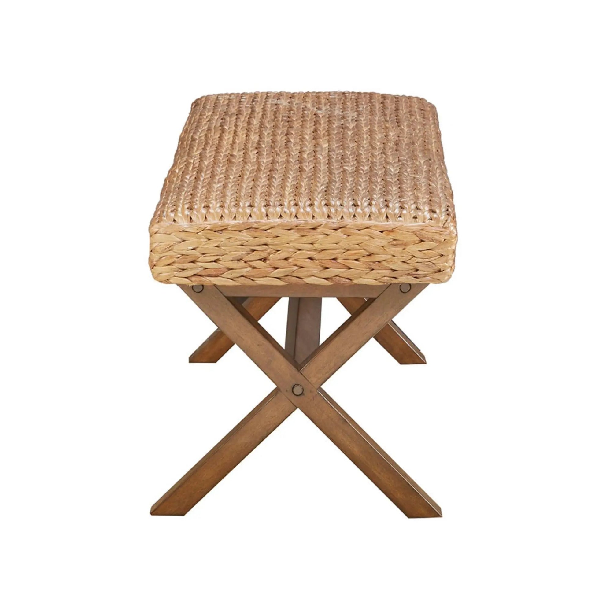 Bench with water hyacinth seat in brown, wooden cross-legged base, Unique Piece Furniture on Tampa Home & Garden Store