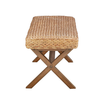 Bench with brown water hyacinth seat on wooden cross-legged frame outdoor accent bench HouseOfZazla on Tampa Home & Garden Store