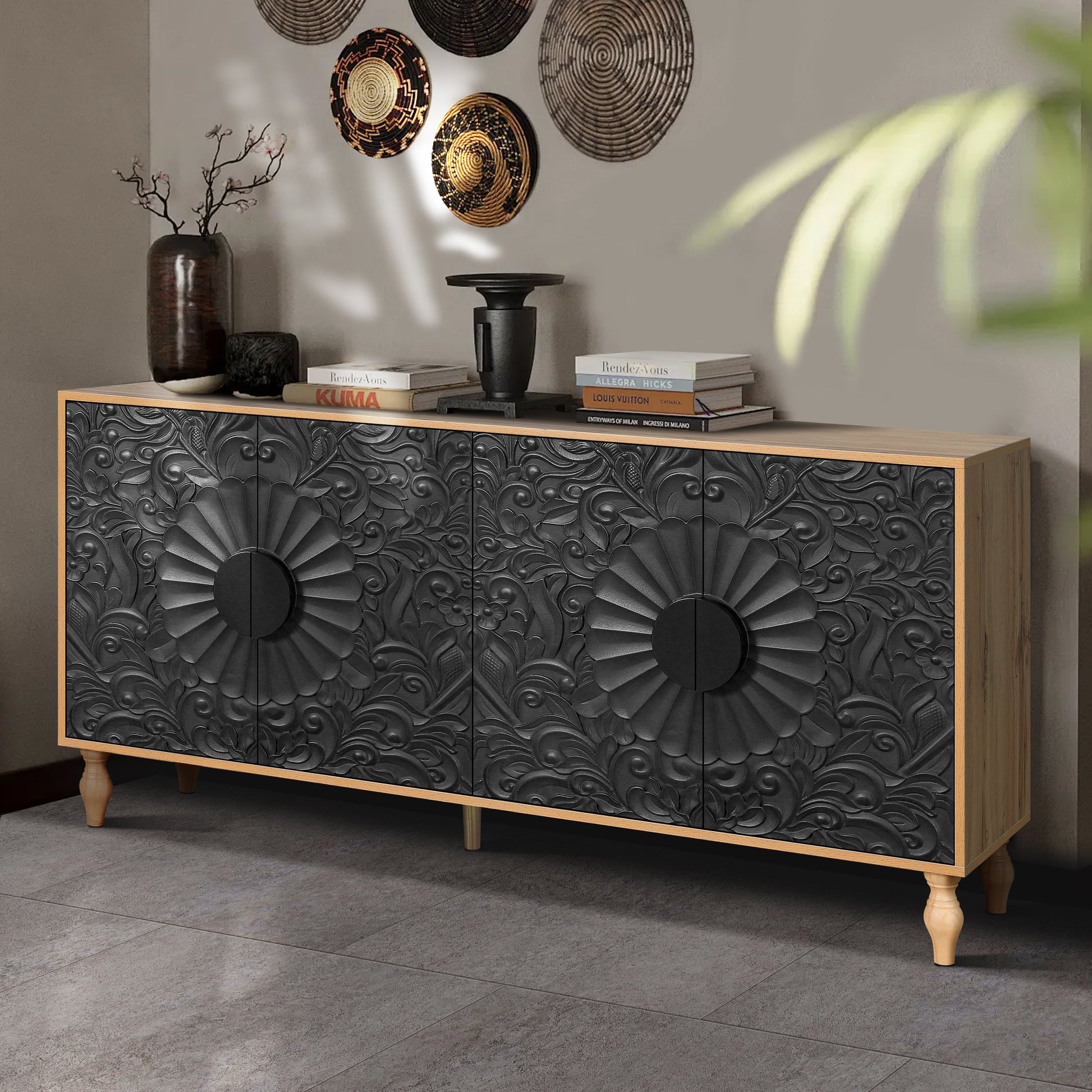Black carved symmetrical design door TV stand with wood coloured frame by HouseOfZazla on Tampa Home & Garden Store