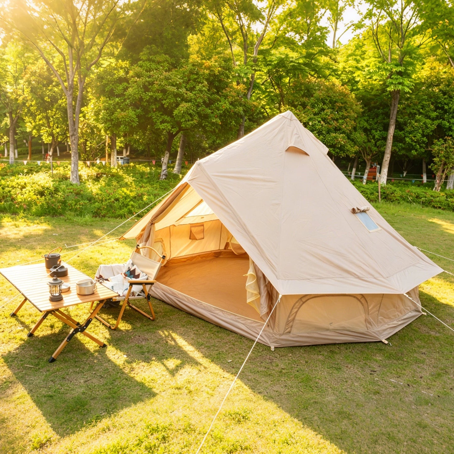 Oxford Bell Tent 13.1ft with stove jack by GemGear beige tent at family campsite with table and lanterns on Tampa Home & Garden Store