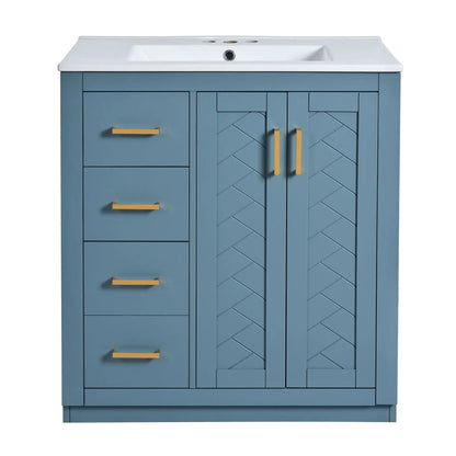 Ceramic sink vanity in blue freestanding cabinet with 3 left drawers and gold bar pulls on doors on Tampa Home & Garden Store