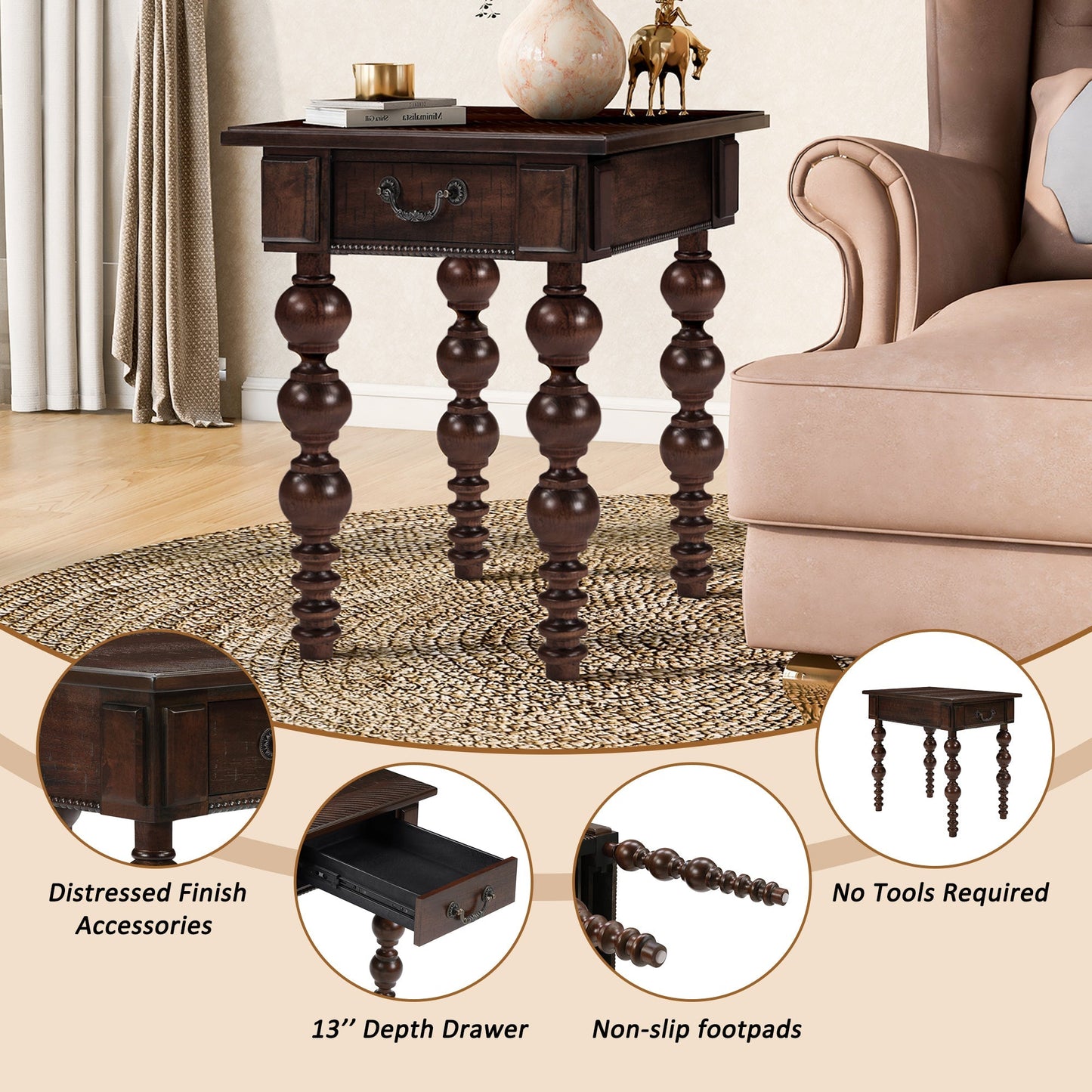Solid Wood End Table with Drawer in espresso finish, ornate turned legs, HouseOfZazla on Tampa Home & Garden Store