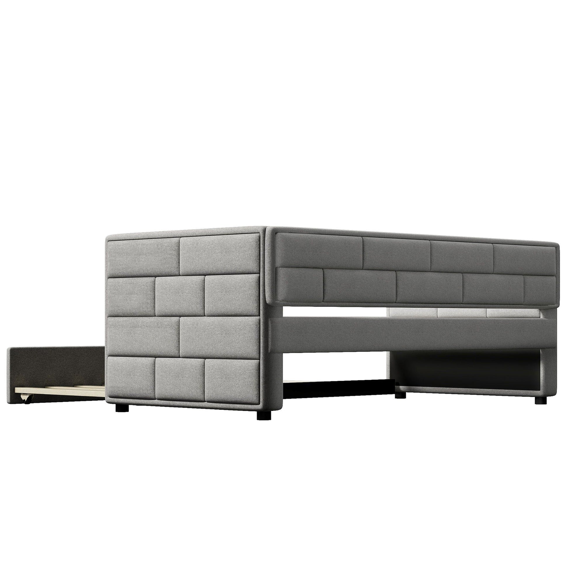Upholstered twin daybed with trundle in gray fabric, padded back and sides, HouseOfZazla on Tampa Home & Garden Store