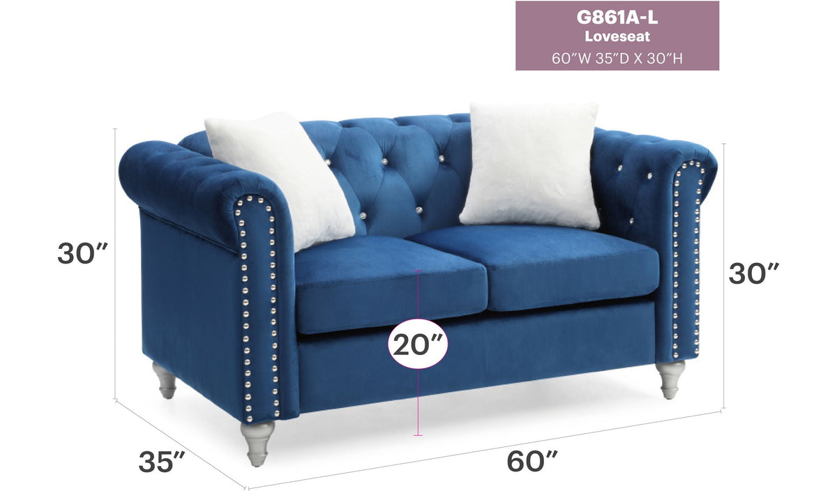 Contemporary blue velvet loveseat with jeweled tufting and nailhead trim by HouseOfZazla on Tampa Home & Garden Store
