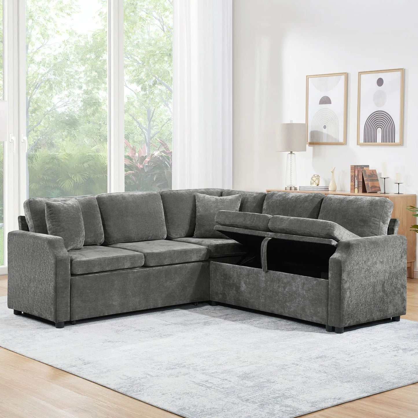 Modern L-shaped sleeper sectional sofa bed in gray fabric with hidden storage on Tampa Home & Garden Store
