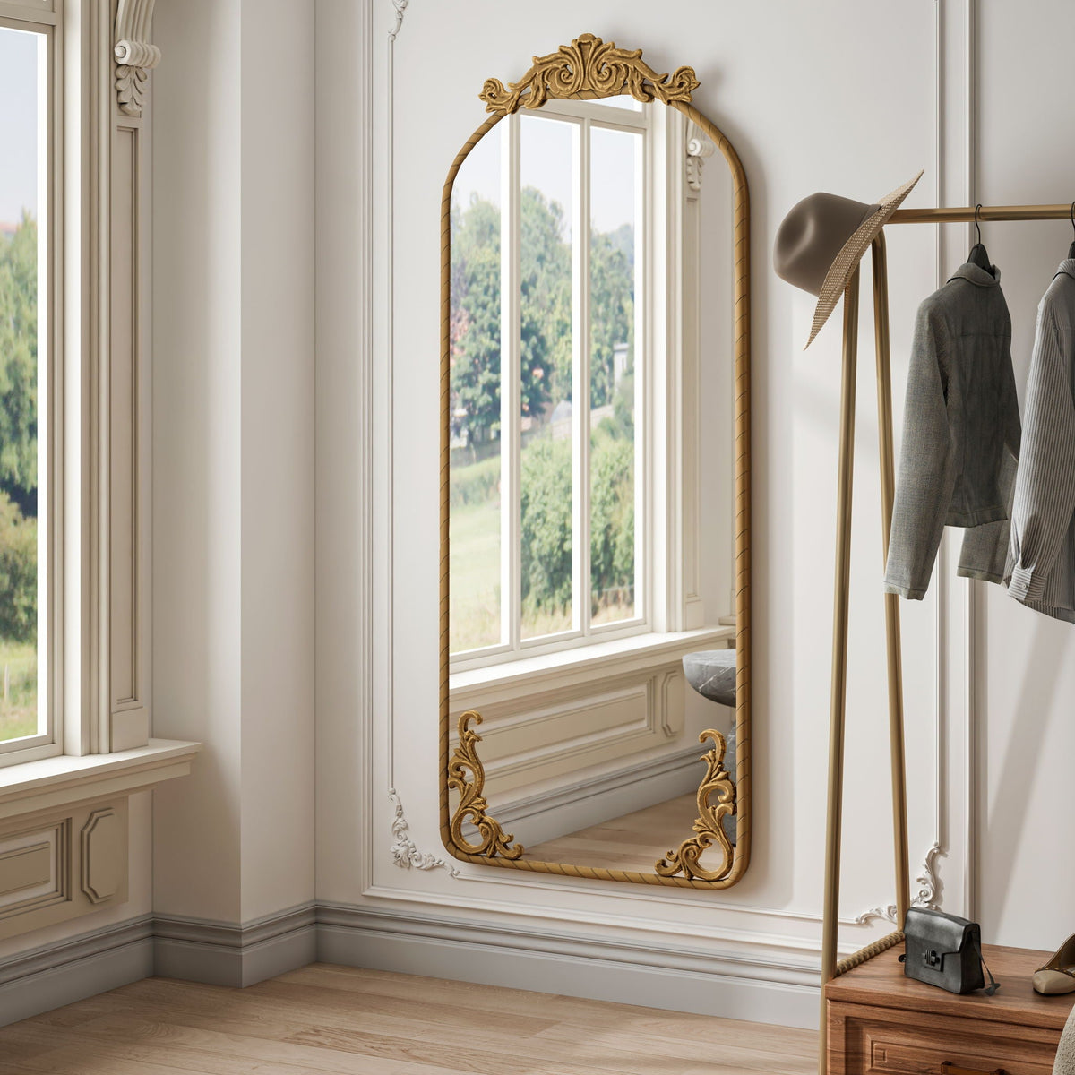 Full Body Arched Mirror with Vintage Carved Applique in antique bronze finish wall mirror on Tampa Home & Garden Store
