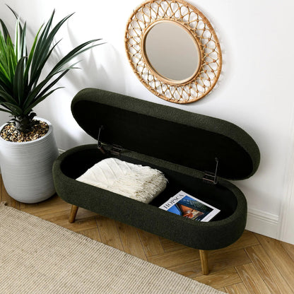 Oval green storage ottoman with rubber wood legs, white quilt inside Unique Piece Furniture on Tampa Home & Garden Store